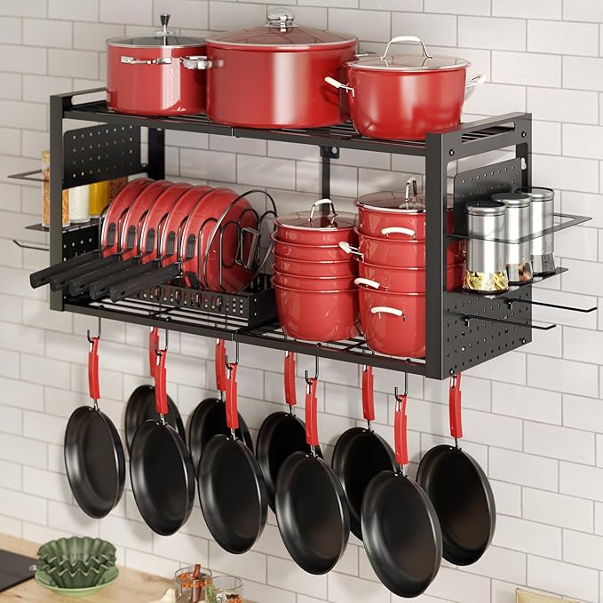 31 Inch Pot Rack Wall Mounted，3 in 1 Pots and Pans Organizer with 2 tier Kitchen Racks & Pot Lid Organizer Holder and 20 Hooks,Heavy Duty Hanging Pot Hanger for Kitchen Cookware, Utensils, Black by FREEXPLOYER
