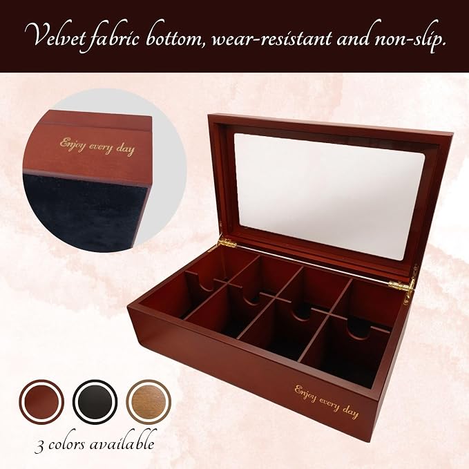 BJOYFUL&LOVED Wooden Tea Box with Glass Lid, 8-Compartment, Black Color | Removable Dividers Customize Storage for Tea Bags, Sugar Packets, Coffee Capsules, Jewelry, Watches and Small Accessories - Image 4