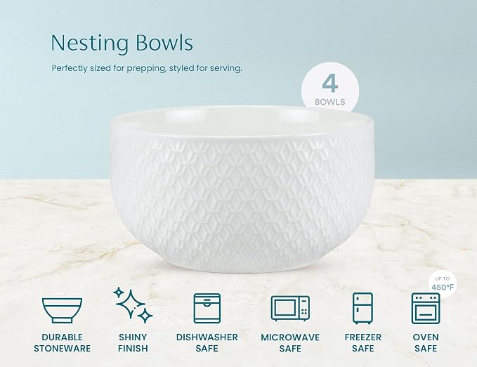KooK Ceramic Mixing Bowls, Nesting Set of 4, Embossed Kitchen Dishware, Prep, Serving, Gift, Microwave and Dishwasher Safe, 20/44/98/145 oz, Narbonne Collection (Marshmallow) - Image 5