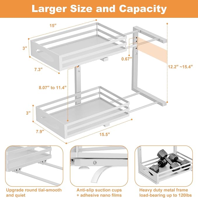 Under Sink Organizer, 2 Tier Under Sink Organizers and Storage, Adjustable Height, Slide out Metal Cabinet Organizers, Pull out Cabinet Storage Drawer Shelf for Kitchen Bathroom (White, 1 Pack) - Image 3