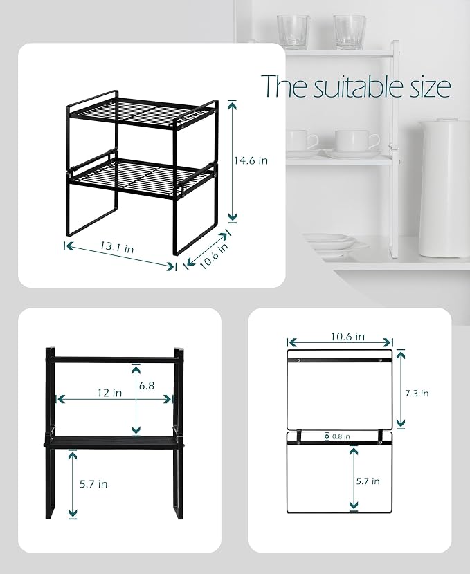 Shantton Cabinet Shelf Organizer, Pantry Shelf Rack, Black 13.1x10.6x7.3 | 2-Pack Stackable Metal Riser Holds 40LBS with Non-Slip Feet for Kitchen Pantry Bathroom Countertop Freezer Cupboard - Image 3