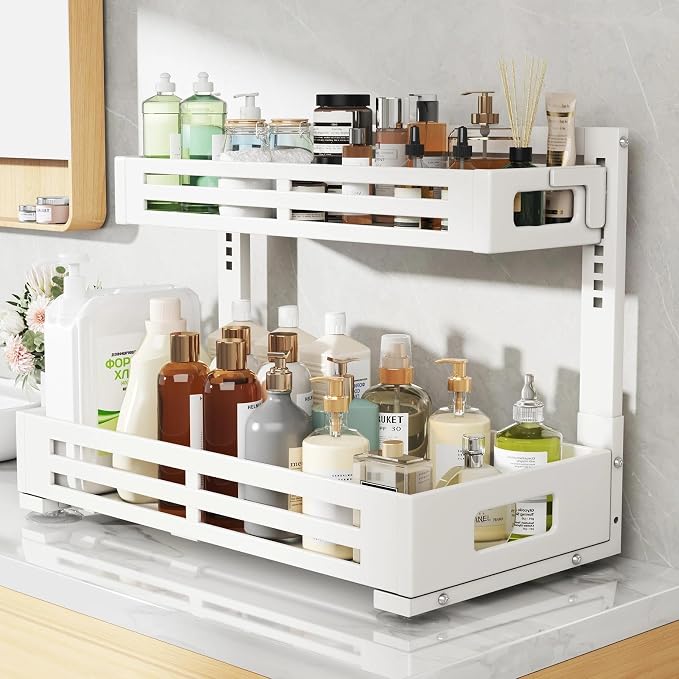 2 Pack 21IN-Depth Under Sink Organizer,Pull Out Cabinet Organizer With Smooth Cylindrical Rail,Metal Slide Out Drawer for Kitchen Bathroom Laundry,8-Level Tool Free Height Adjustable-White - Image 7