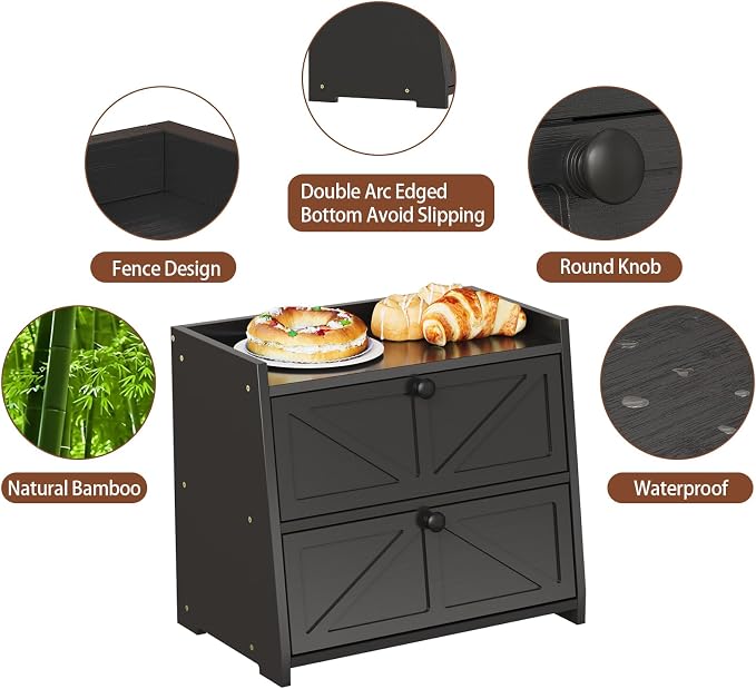 Trironsun Vintage Double Layer Bread Box for Kitchen Counter Bamboo Bread Storage Container Large Capacity Bread Storage Bin (Black) - Image 7