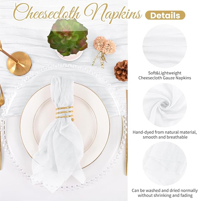 100 Pack White Cloth Napkins 20x20Inch Cheesecloth Napkins | Elegant Cloth Napkins for Table, Washable Rustic Boho Gauze Napkins, for Wedding Party Bridal Baby Shower Dinner Decor - Image 3