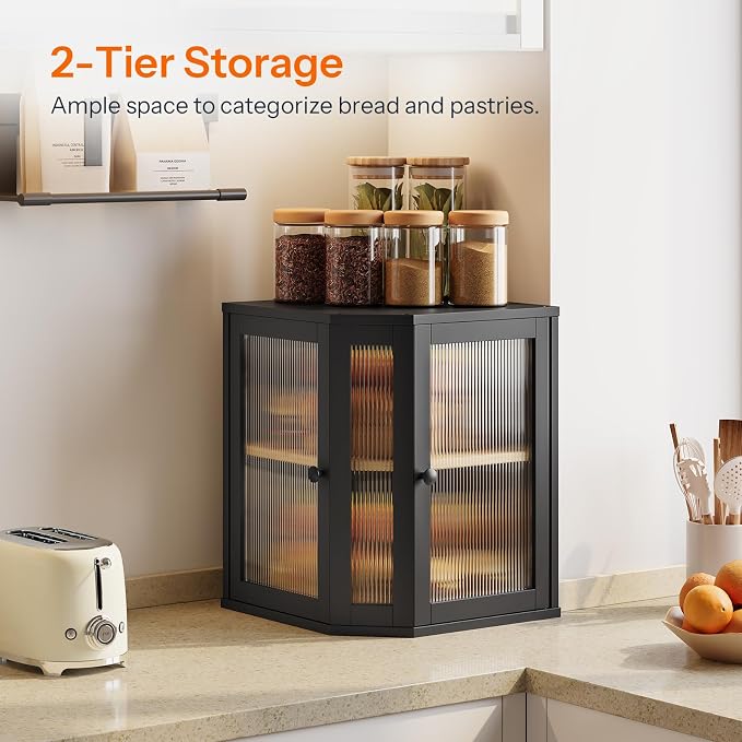 HOOBRO Bread Box, Bamboo Bread Box for Kitchen Countertop, 2-Tier Corner Bread Box, Large Capacity Bread Bin, Food Storage Box, Bread Storage Container for Kitchen, Dining Room, Black BK12MB01 - Image 2