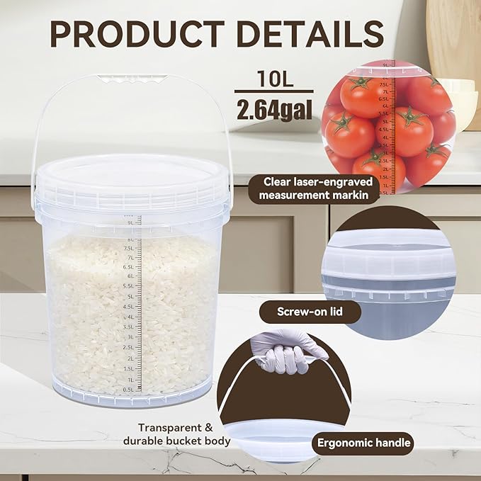 3 Pack 2.6 Gal & 1.3 Gallon Bucket with Lid, Clear Plastic Food Storage Containers, Food Grade Buckets with Lids for Ice Cream, Dog Food, Water, Large Quart Container with Handle - Image 5