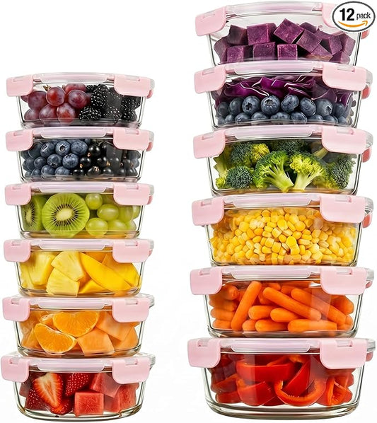 Konokyo Round Glass Food Storage Containers with Lids, Meal Prep, 12 Pack | Airtight Leakproof Meal Prep Containers, BPA-Free, Microwave Oven Freezer & Dishwasher Safe, Assorted Sizes by Konokyo