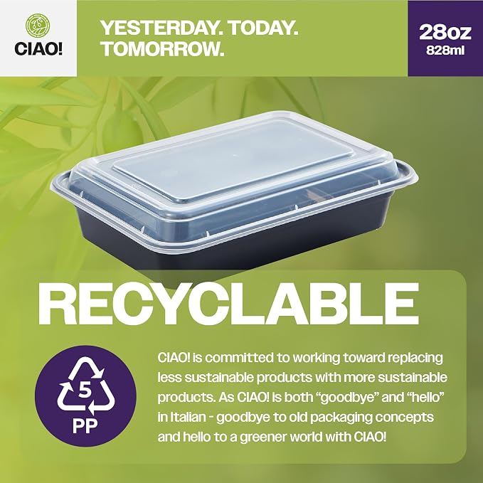 CIAO! Heavy Weight 28oz Injection Molded Microwavable Black Rectangular Food Container with Lid (150/case) - Image 3