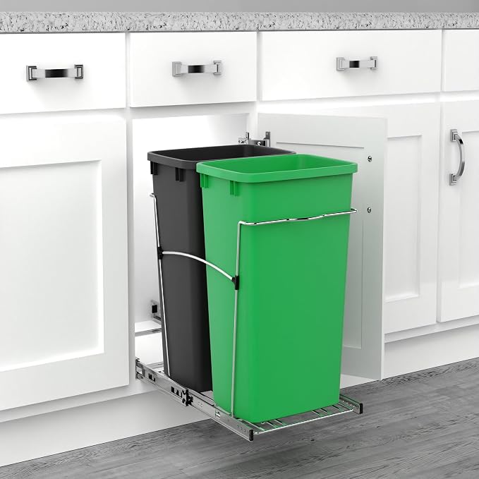 Rev-A-Shelf Double 35 Qt Pullout Trash Can for Base Kitchen Cabinets, Garbage Waste & Recycling Bin System with Full Extension Slides, Min Opening Width of 14.5", Green/Black, RV-18KD-1918C-S - Image 6
