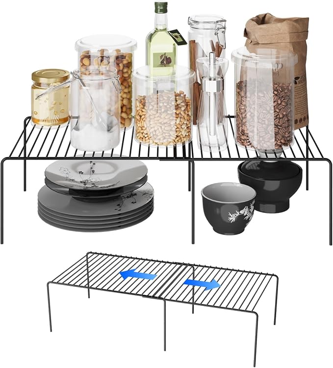 2Pack Expandable Storage Shelf, 13.5"~23" L x 9.4" W x 5.5" H, Black | Adjustable Rustproof Metal Wire Spice Rack, Space Saver Kitchen Storage Shelves for Pan, Pot, Countertop, Drawer, Fridge by DPZM