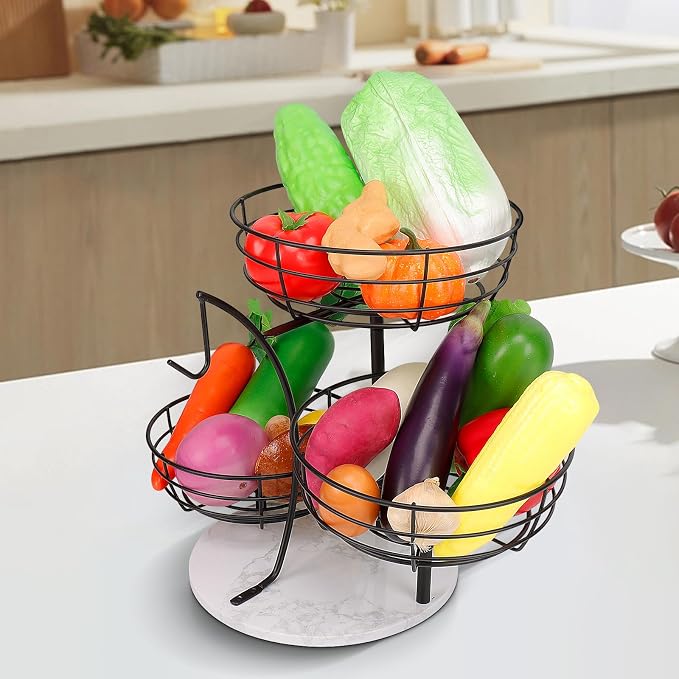 Livabber Fruit Basket Bowl with Banana Hanger, Metal Fruit Vegetable Storage Basket with Banana Holder for Kitchen Counter, Detachable Organizer for Bread Snack Produce (Black, 3-Tier Marble Base) - Image 9