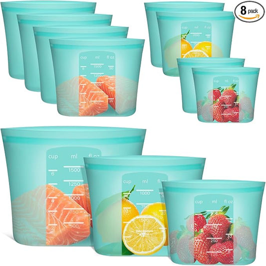 Reusable Food Bags, 8 Pack 100% Silicone Food Storage Bags Stand Up Zip Lock Container, Freezer Microwave Oven Dishwasher Safe, 4 Medium 2 Small 2 Extra Small, Aqua by Annaklin