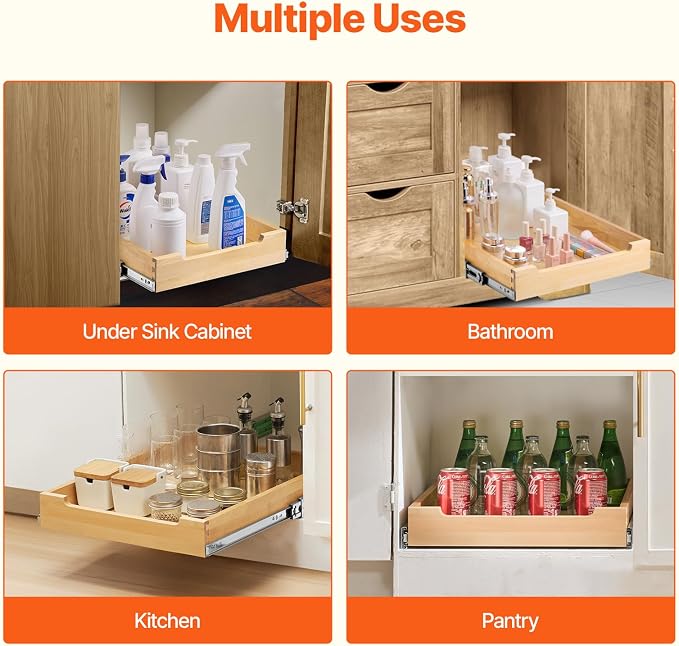 VEVOR Pull Out Cabinet Organizer, 17"W x 21"D Cabinet Drawer, Soft Close Slide out Shelf, Heavy-Duty Sliding Wood Drawer, Bottom Mount Size（17.5"W x 23"D）and Side Mount Size（18"W x 23"D） - Image 6