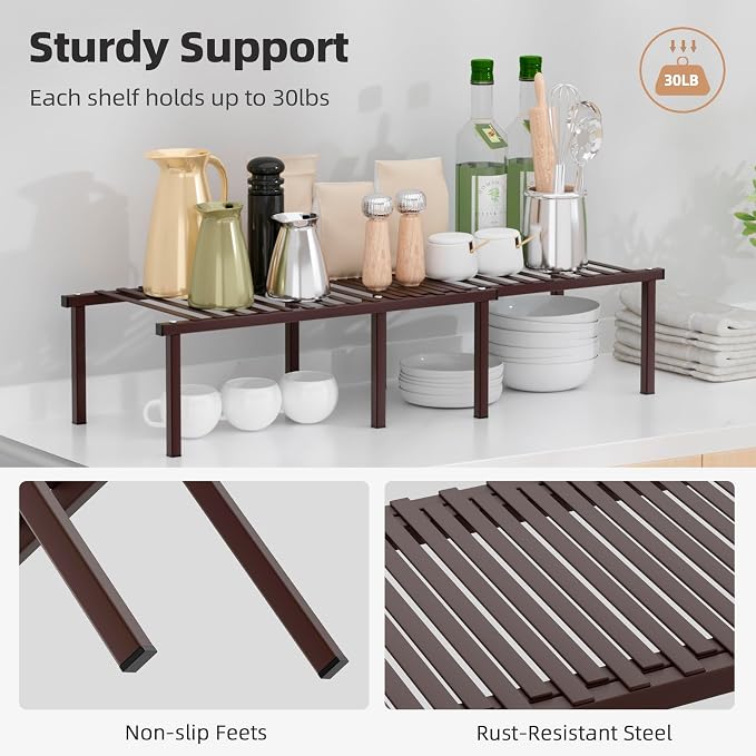 STORAGE MANIAC Expandable Cabinet Organizer Shelf, Set of 4, Brown | 15.8 inches Expandable, Stackable Wire Shelf, Spice Rack, Metal Pantry Storage for Plate Dish, Kitchen Counter Shelves - Image 3