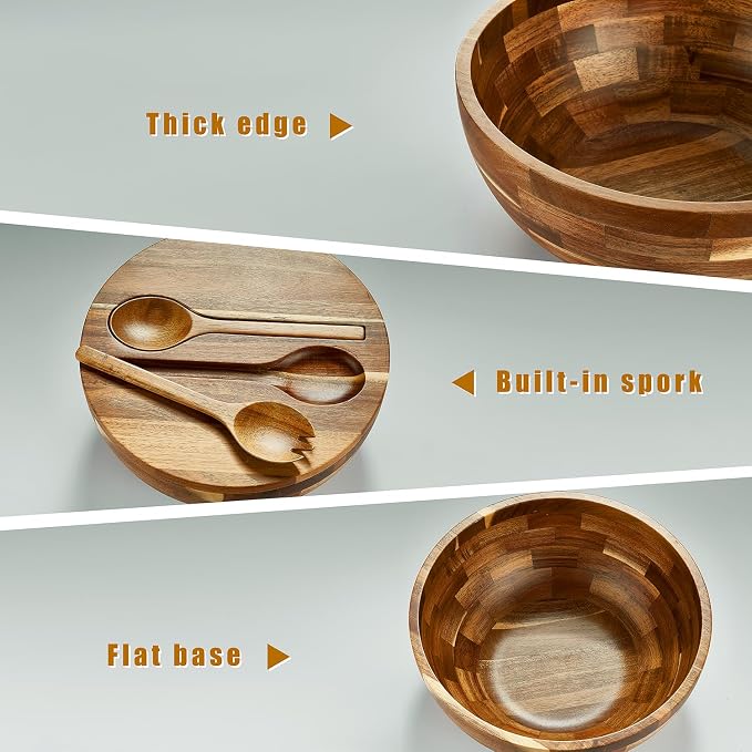 JOYMAY Salad Bowls Wood Salad Bowl Set with Lid 11.8 Inch Large Wooden Bowls Set Acacia Wood Serving-Bowl with Serving Utensils Bowl for Kitchen, Dining, Party - Image 8