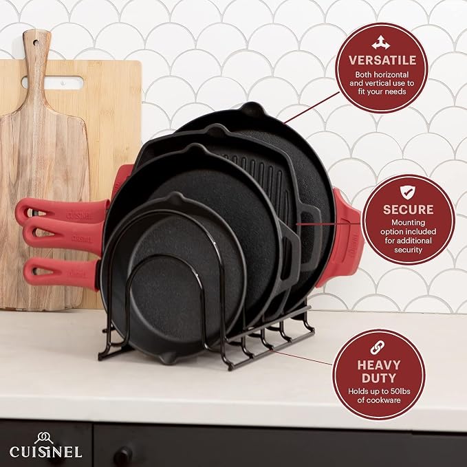 Cuisinel Pan Organizer for Cast Iron Skillets, Griddles, 5-Tier Rack, Black 12.2" - Image 4