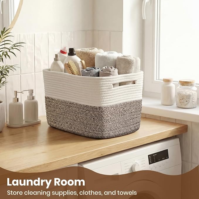 Storage Baskets for Organizing, 14 x 10 x 9” Closet Shelf Woven Baskets, Square Bins with Handles, Cotton Rope Basket for Clothes, Office, Room, White+Dark brown 1 Pack - Image 6