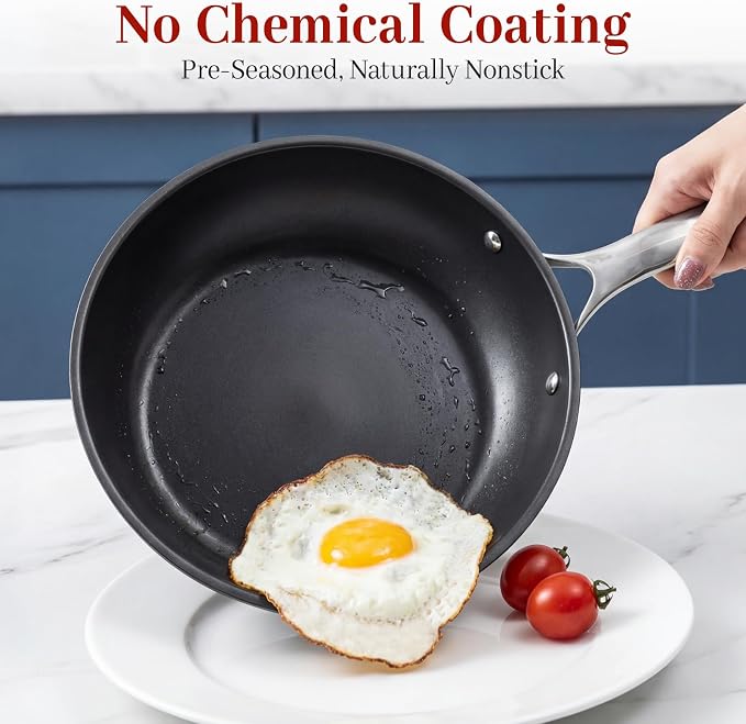 Tri-Ply Clad Nitrided Carbon Steel Frying Pan, 9.5 Inch | Pre-seasoned surface, lightweight design, enhanced rust resistance, easy food release, induction compatible - Image 4