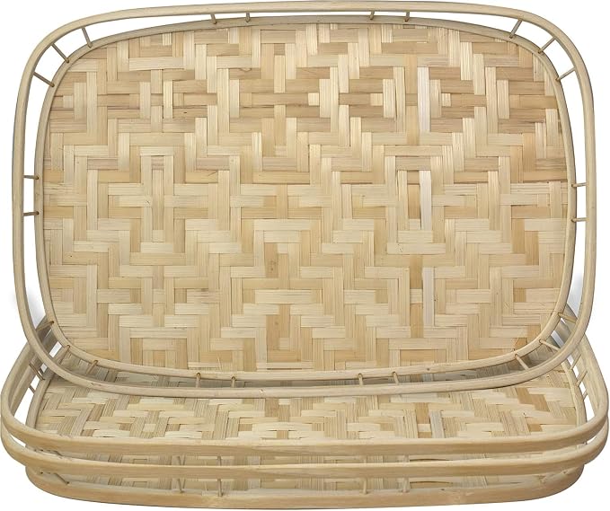 Set of 4 pcs Rectangular Bamboo Wicker Serving Trays with Handles, Handwoven Coffee Trays for Coffee, Breakfast, Bread, Food, Dish and Decorative Trays for Dining Table - Image 8