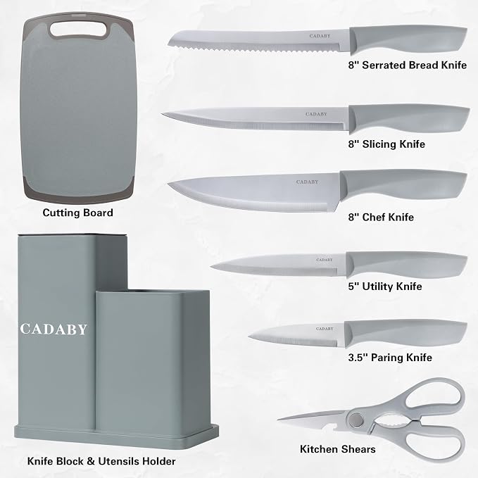 19PCS Gray Kitchen Cooking Utensils Set Kitchen Tools Set | 6 Stainless Steel Knives, 11 Silicone Utensils with 1 Cutting Board, Ideal for Apartment - Image 5