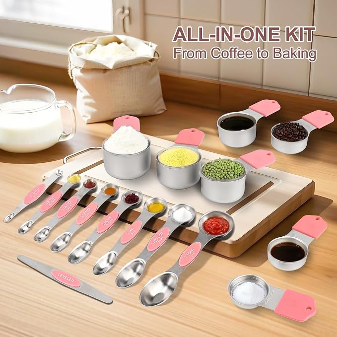 16-Piece Magnetic Measuring Cups and Spoons Set, Stainless Steel, Pink | 7 Silicone-Grip Cups, 8 Metal Spoons, 1 Leveler, US and Metric Marks for Dry & Liquid Ingredients, Kitchen Essentials Gadgets - Image 7