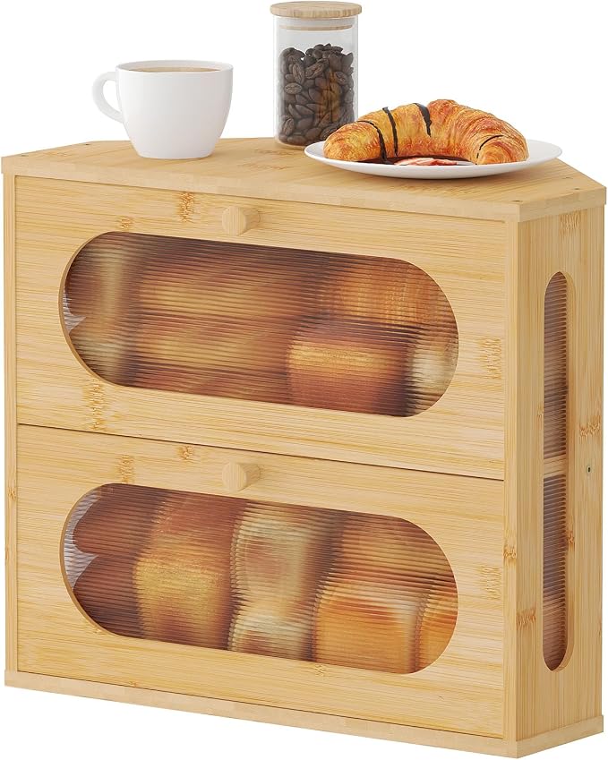 Corner Bread Box for Kitchen Countertop, 2026 New Double Layer Bamboo Bread Storage Bin, Large Bread Container for homemade bread (Natural) by AUGOHCMIL