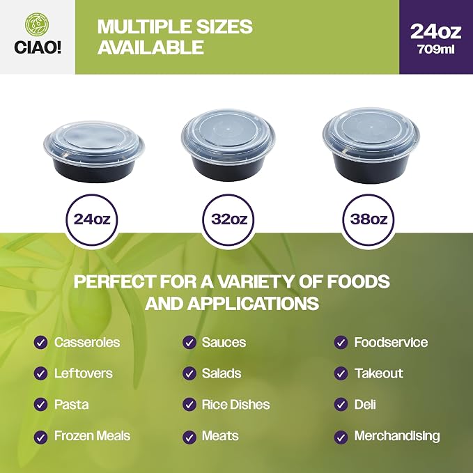 CIAO! 24oz Heavy Weight Injection Molded Microwavable Black Round Food Container with Lid (150/case) - Image 5