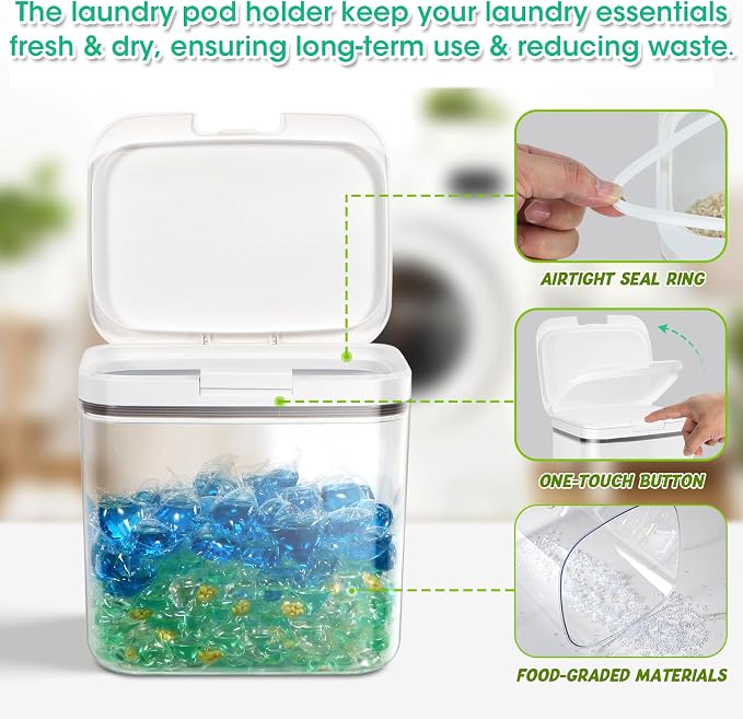 2 Pack Laundry Pods Container with One-Click Pop-up Lid 95 oz + 68 oz | Laundry Room Detergent Storage Containers for Laundry Powder, Scent Booster, Dryer Sheet, Dryer Ball, Dishwasher Pod Holder - Image 6