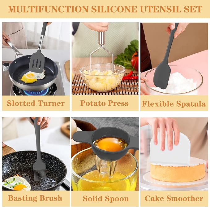 Silicone Cooking Utensil Set, Umite Chef 43 PCS Heat Resistant Kitchen Utensil Gadgets Set-Stainless Steel Handle- Kitchen Spatula Tools for Nonstick Cookware, Pots and Pans Accessories(Grey) - Image 5