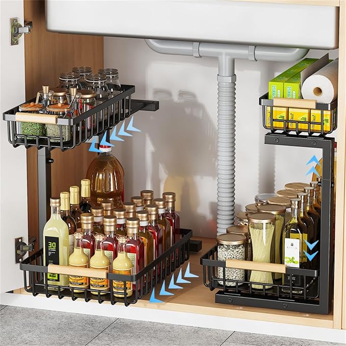 2 Pack Under Sink Organizer Cabinet for Kitchen Bathroom, 2 Tier Metal Slide Out Under Sink Drawers, Adjustable Height, Under Sink Pull Out Organizers and Storage, Black, 13.7" H-17 H by Momooda