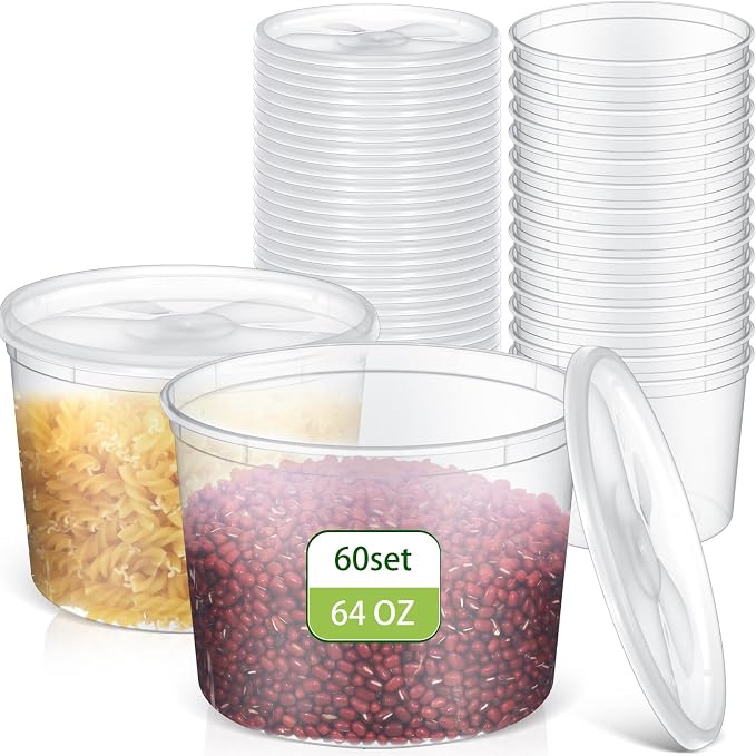 Skylety 60 Sets Plastic Deli Containers with Lids Food Storage Containers Soup Cups, Leakproof, Microwavable, Reusable for Restaurant, Cafe, Freezer and Catering (64 oz) by Skylety