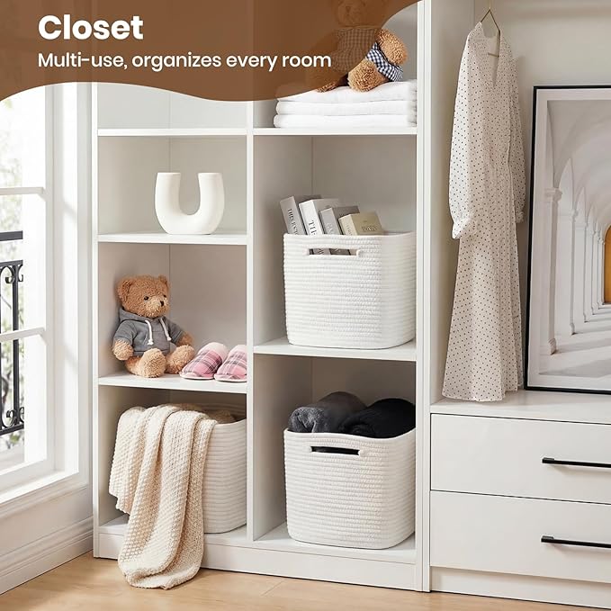 Storage Baskets for Organizing, 14 x 10 x 9” Closet Shelf Woven Baskets, Square Bins with Handles, Cotton Rope Basket for Clothes, Office, Room, White 3 Pack - Image 4