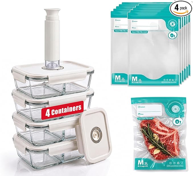 Glass Vacuum Food Storage Containers Set, 4 Pack 21 Oz 2-Compartment Meal Prep Bento Boxes with Handheld Vacuum Pump & 10 Reusable Sealer Bags for Kitchen Organization, Oven/Microwave Safe by CABIBOX