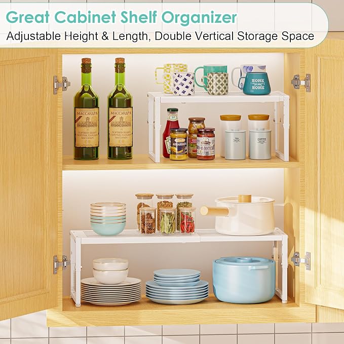 Expandable Cabinet Shelf Organizer, 15.5–25.5 Inch Length, Height Adjustable Metal Wire Storage Shelves for Kitchen, Pantry, Cupboard & Closet, Stackable Storage Rack for Dishes, Plates, Cups & Spices - Image 5