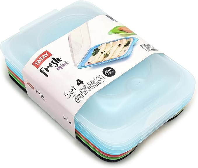 TATAY Cold Meat Containers for Fridge | Set of 4 Mini | Fridge Storage | Removable Lid, Stackable | Microwave, Freezer and Dishwasher Safe | BPA-Free, 12 x 3.1 x 18 cm, Assorted Colours - Image 5