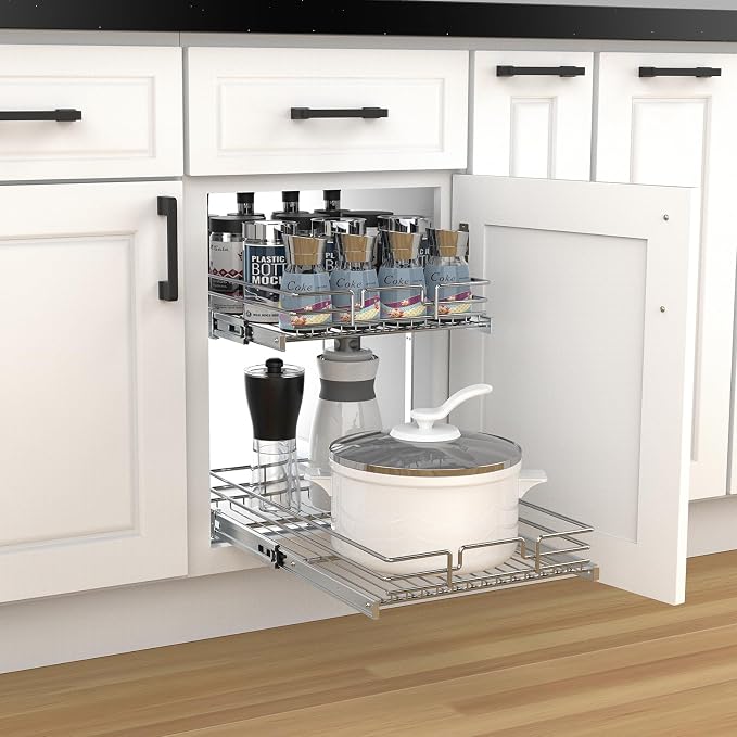 2 Tier Pull Out Cabinet Organizer, 20" W x 21" D Heavy-Duty Metal Sliding Drawer Shelf for Kitchen Cabinets, Chrome, Doesn't Include Door Fittings - Image 8