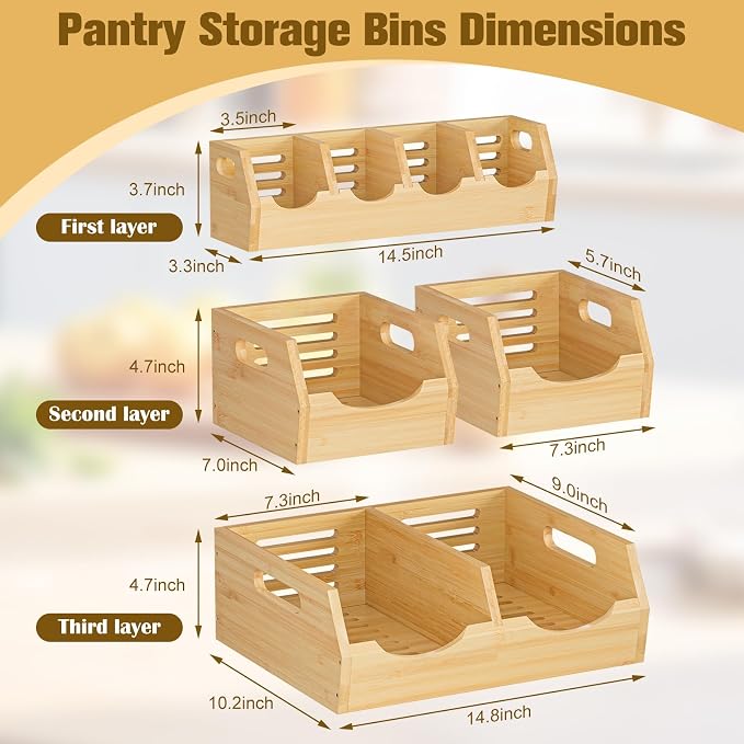 Upgraded 3-Tier Bamboo Pantry Storage Bins, Ventilated Stackable Potato & Onion Organizer w/ Spice Tray & 3 Veggies Baskets for Kitchen, Pantry, Bathroom & Living Room - Image 2