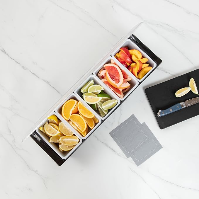 Restaurantware Bar Lux 19.6 x 6.3 x 3.7 Inch Condiment Caddy 1 Durable Bar Caddy - 5 Removable Compartments Built-In Lid Black Plastic Condiment Holder For Restaurant Store Cocktail Garnish - Image 6