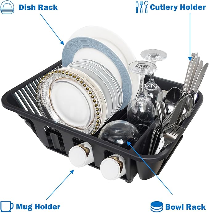 KOOMADE 2-Pack Large Dish Drying Rack for Kitchen Counter -Dish Drainer Set with Drainboard Heavy Duty Plastic Counter Organizer for Dishes, Cups, Knives, Spoons and Forks, Made in USA (Black) - Image 6