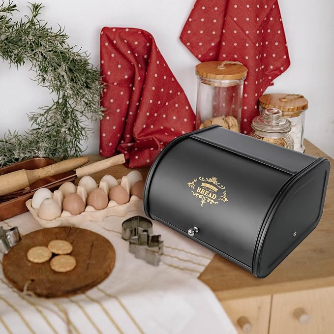 SOTECH Bread Box Vintage for Kitchen Food Grade Light-weight Metal Style Container for Storage Bin Countertop Keeper with Roll Top Farmhouse Rustic Holder Counter Black - Image 5