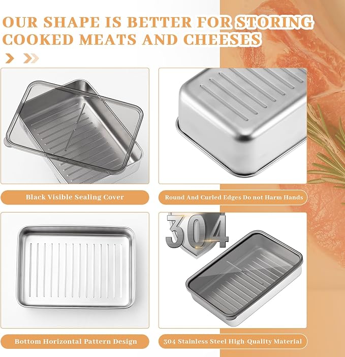 Hushee 6 Pack Bacon Cheese Container for Refrigerator, 304 Stainless Steel Airtight Deli Meat Container, Dishwasher Safe Fridge Storage Fruit Lunch Storage with Lids for Fridge, 4 Sizes - Image 8