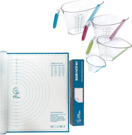 Silicone Pastry Mat and 4-Piece Liquid Measuring Cups Set - Extra Large Baking Mat For Rolling Out Dough - 100% Silicone & BPA Free - Includes Mini Ounce, 1, 2 and 4 Plastic Cup Sizes by KPKitchen