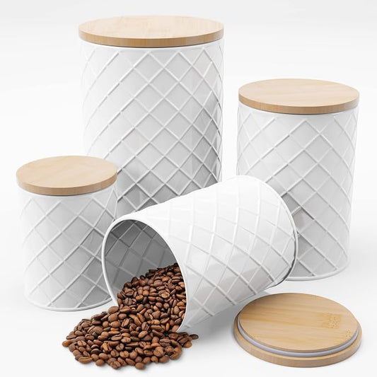 Pebble & Stem® White Metal Canister Set for the Kitchen Counter, Food Canister Set of 4, Airtight Lids, Sugar and Flour Containers for Countertops, Coffee and Tea Storage, Farmhouse Decor by Pebble+%26+Stem