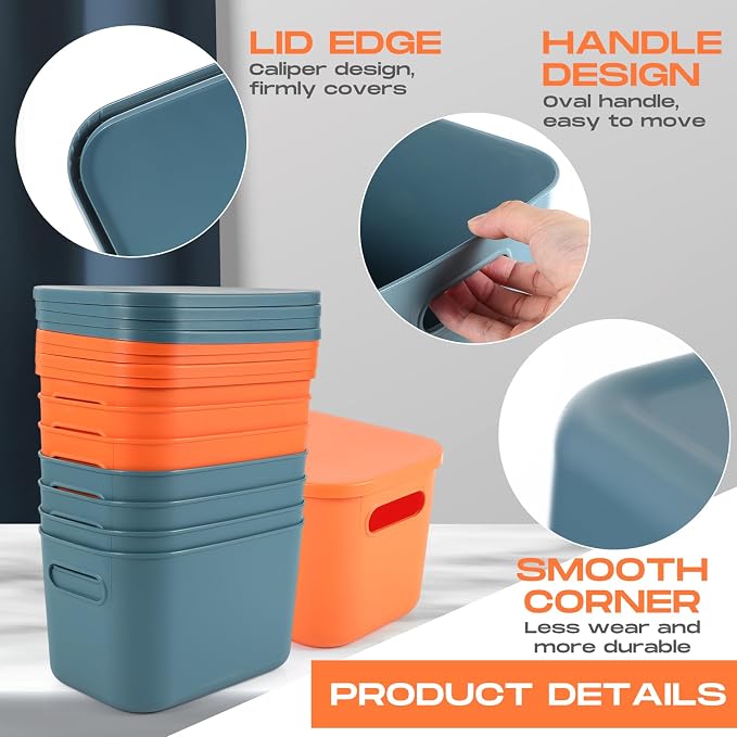 8 Pieces Colorful Storage Bins with Lid, Plastic Storage Basket Organizing Container Stackable Box with Handle for Shelves Desktop Playroom Office(10.2 x 7 x 6.3 Inch,Blue and Orange) - Image 3