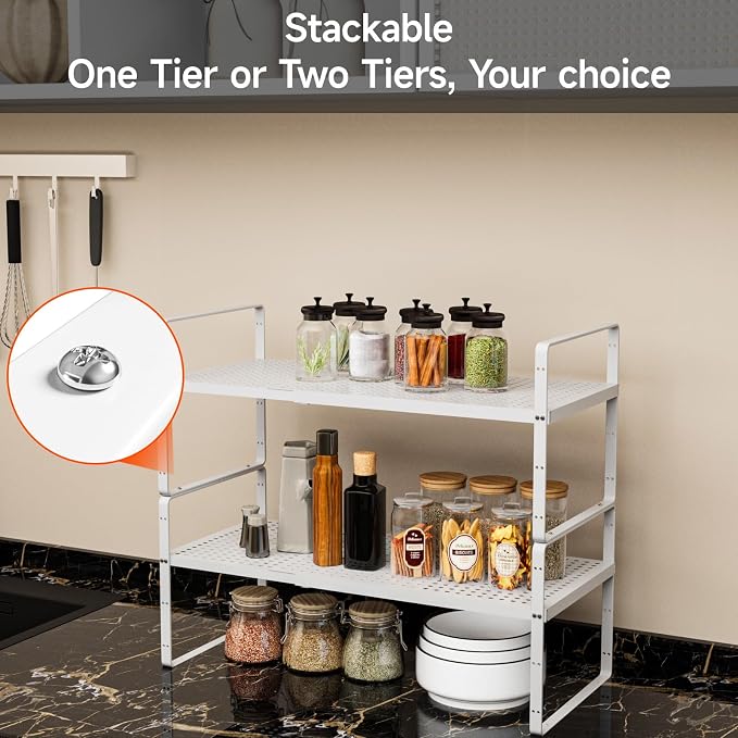 2Pack 16.5-27''L Expandable Stackable Cabinet Shelves, White | 10.2"W x 9.6"H, Adjustable Spice Rack, For Kitchen, Countertop, Pantry and Cupboard - Image 5