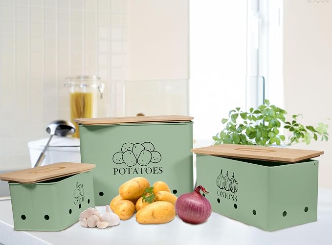Kitchen Vegetable Storage Tins Set of 3 for Potato Onion & Garlic with Wooden Lid and Aerating Holes, Kitchen Storage Canisters Set, Vintage Kitchen Decor - Green - Image 3