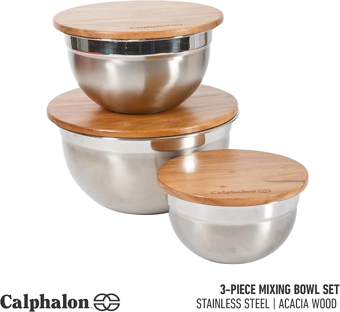 Calphalon Orbit Mixing Bowl Set, 3-Piece Stainless Steel Mixing Bowls(1.5 Qt, 3 Qt, 5 Qt) with Acacia Wood Lids & Non-Slip Base, Kitchen Prep Bowls for Mixing, Serving & Food Storage - Image 2
