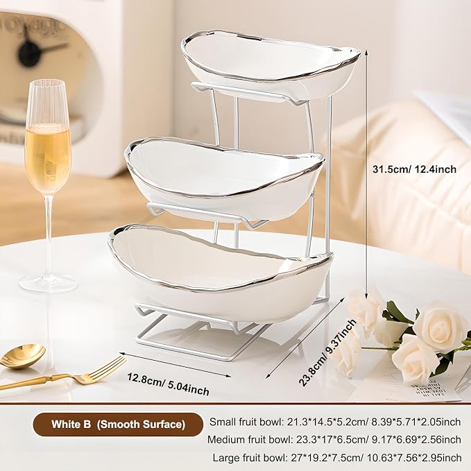 Gold Silver Fruit Bowl with Metal Stand, 3 Tier Ceramic White Fruit Bowl Fruit Rack for Kitchen Counter, Tiered Fruit Basket for Snacks Bread Candy Storage (White B (Smooth Surface)) - Image 3
