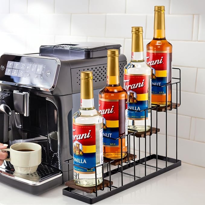 Coffee Syrup Rack Organizer, with Rustic Wood Holder Coffee Station Bar Accessory for Syrup, Wine, Dressing Bottle Countertop Display Storage Stand for Kitchen with Basket and Hooks Holds 4 Bottles - Image 2