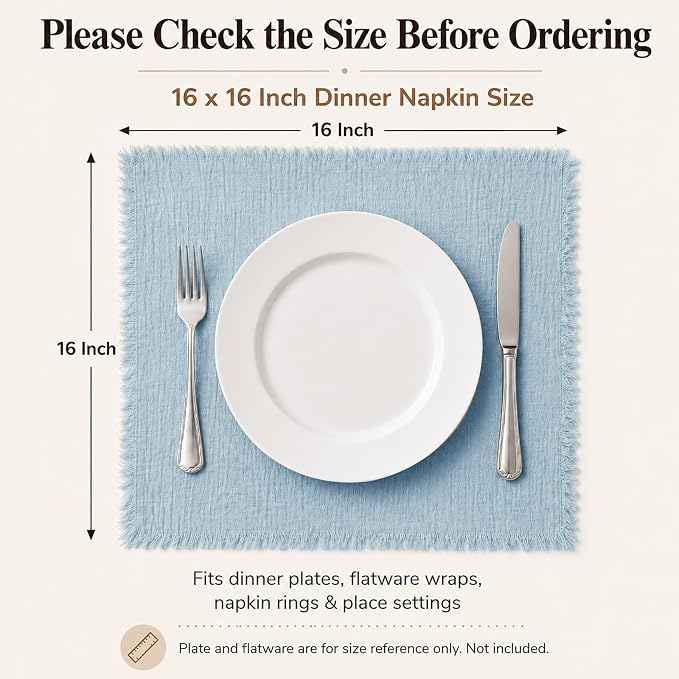 50 Pack Dusty Blue Cloth Napkins, 16 x 16 Inch Cotton with Fringe Settings | Handmade washable reusable cotton dinner napkins in bulk for weddings, parties, rustic boho table settings - Image 2
